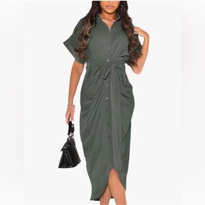 Ruched Dress Olive Color V Neck Short Sleeve Elegant Button Down Size M
